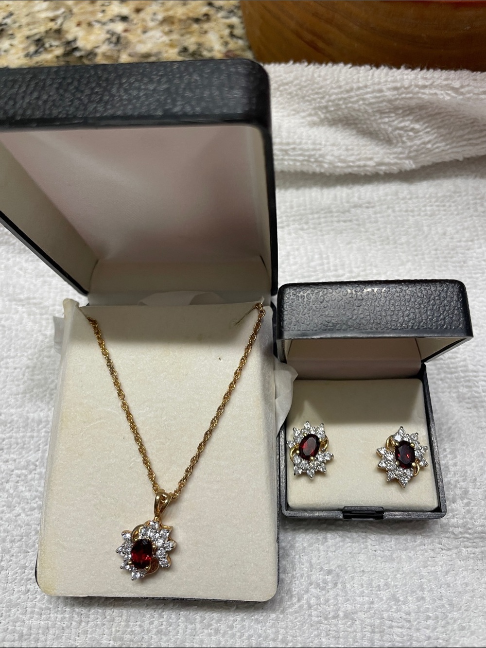 14Kt Gold-Plated Garnet & Cubic Zirconia Necklace and Earrings Set - Red